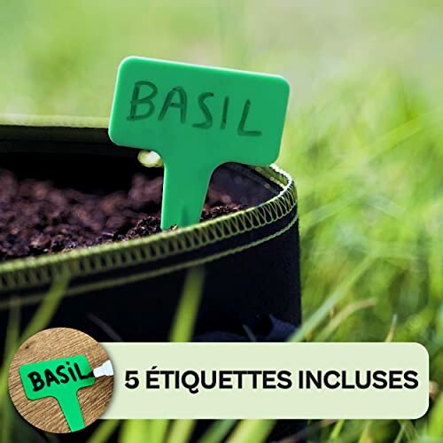 Étiquette de basilic dans un pot de jardin