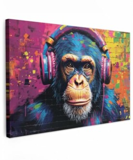 Peinture murale d'un chimpanzé avec des écouteurs colorés.