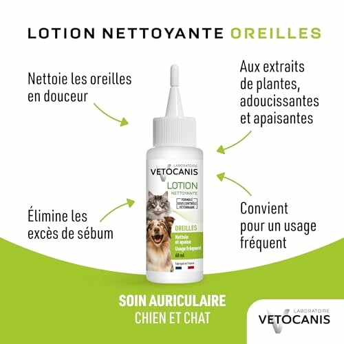 Lotion nettoyante pour oreilles de chiens et chats, doux et apaisant.