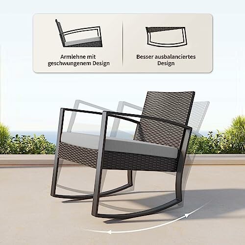 Chaise berçante en osier moderne sur une terrasse.