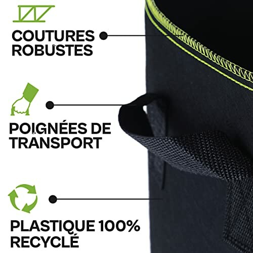 Sac noir avec coutures robustes, poignées de transport, plastique recyclé.