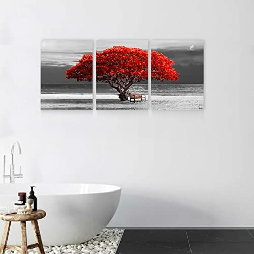 Tableau triptyque d'un arbre rouge sur une plage