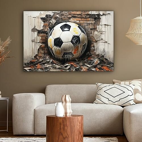 Peinture murale de ballon de football sur un mur en briques.